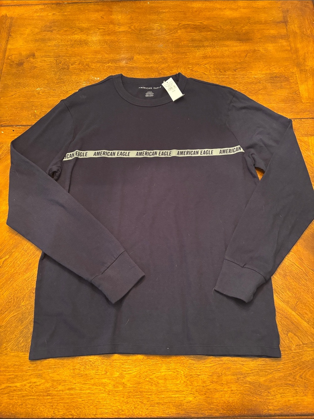 American Eagle Outfitters Navy Long-Sleeve Crewneck with White Logo Band